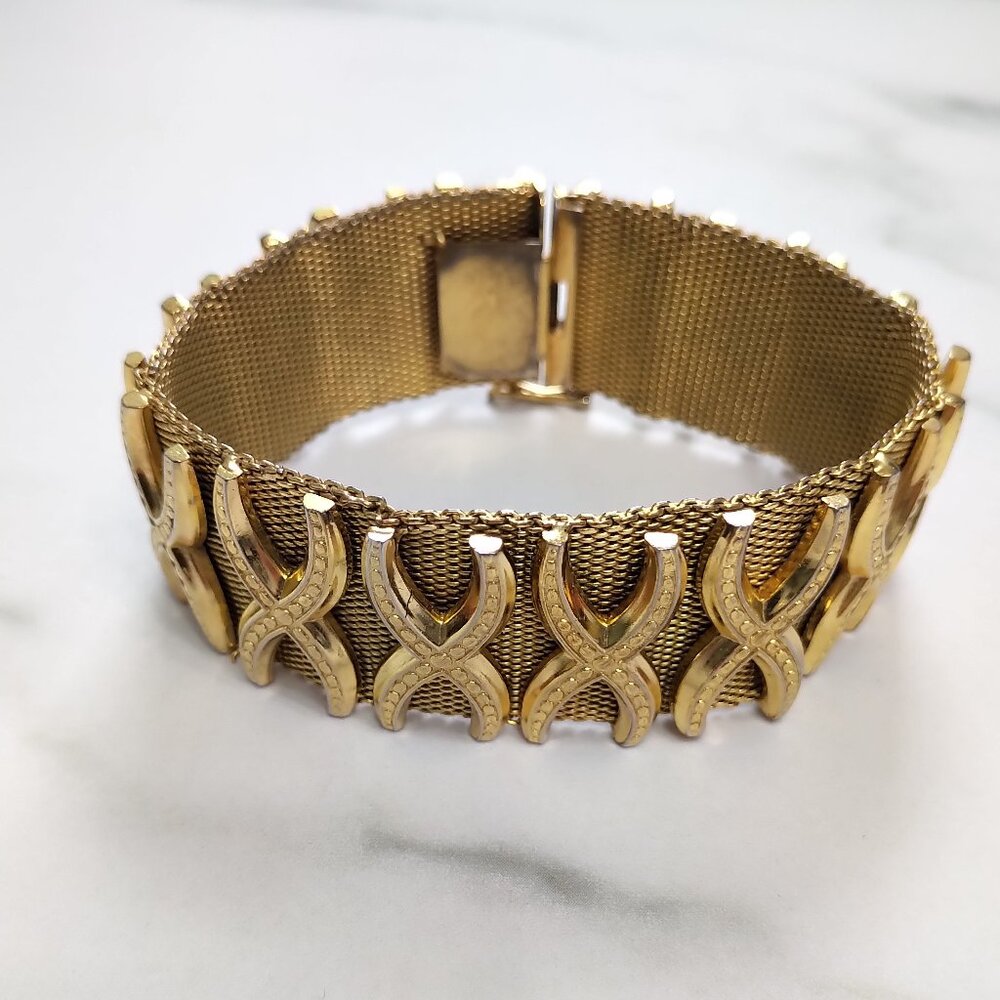 RARE Vintage 1960s Articulated Gold-tone Cuff Bracelet Hallmark "Cross 1961"